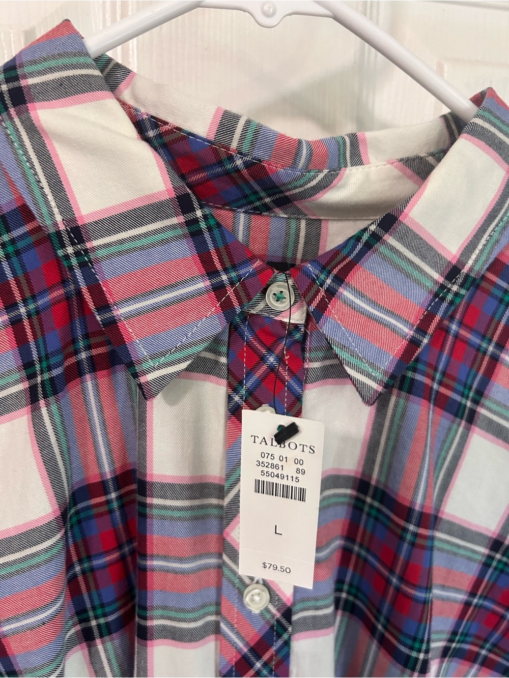 Talbots White Button-Down Shirt with Pink, Blue & Green Plaid